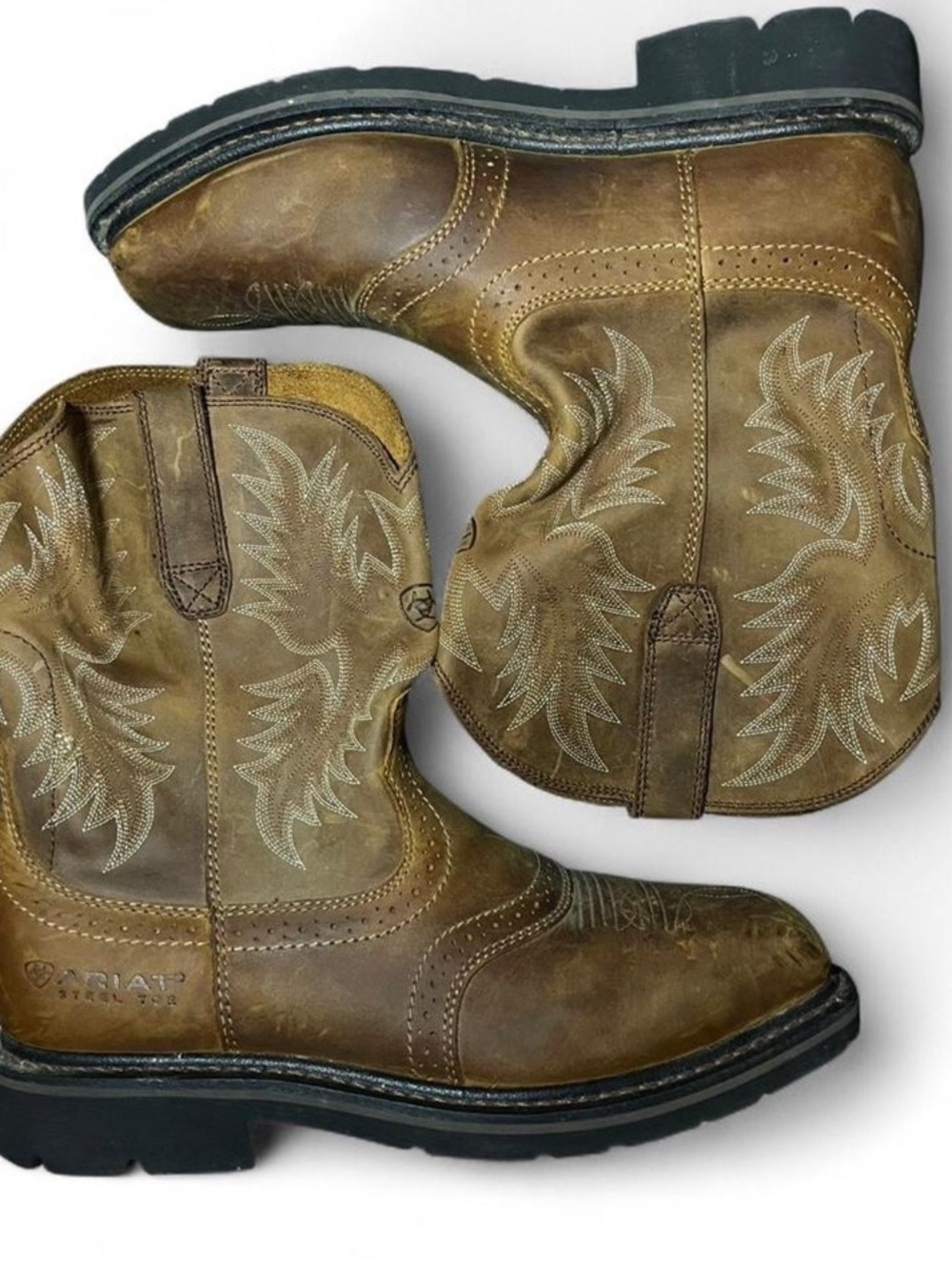 Ariat Tan Brown Embroidered Western Work Steel Toe Boots